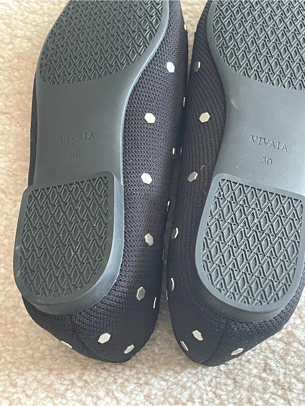 VIVAIA Margaret Square Toe Ballet Flats Black Studded Bow Size 39 US 8